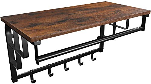 MIADOMODO® Wandgarderobe mit Ablage - 66.5 x 30 x 32cm mit 5 Haken und Hängestange, Metall, Schwarz - Vintage Wandregal, Garderobe, Wandschrank, Hängeregal, Garderobenhaken