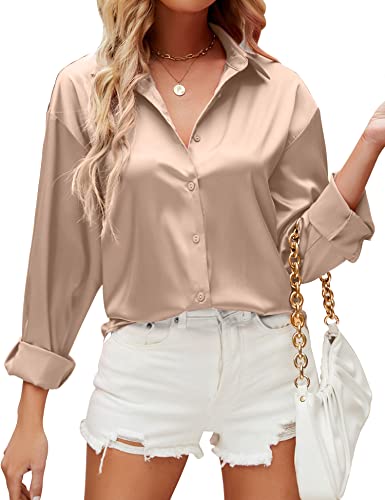 HANERDUN Damen Bluse Langarmshirt V-Ausschnitt Hemd Die Seide Elegant Lässige Oberteile Knopfleiste Arbeit Einfarbig Hemdbluse(Champagne_S)