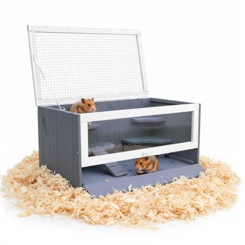 Melko Nagerkäfig aus Holz Grau/Weiß 60 x 35 x 30 cm – Kleintierstall mit Plexiglasfront & Gitterdeckel, inkl. Haus und Trinkflaschenhalter – Hamsterkäfig, Mäusekäfig, Kleintierhaus