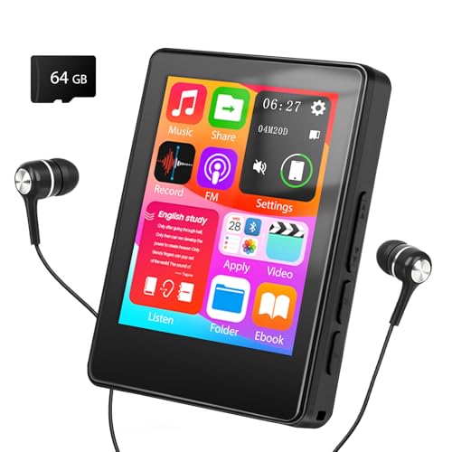 Taichaeu 64GB MP3 Player mit Bluetooth - 2.4 in Full Touch Screen, FM Radio, Recorder, HiFi Sound, One-Tap Mute Key, Unterstützt Erweiterung bis zu 512GB, Wired Headset im Lieferumfang Enthalten