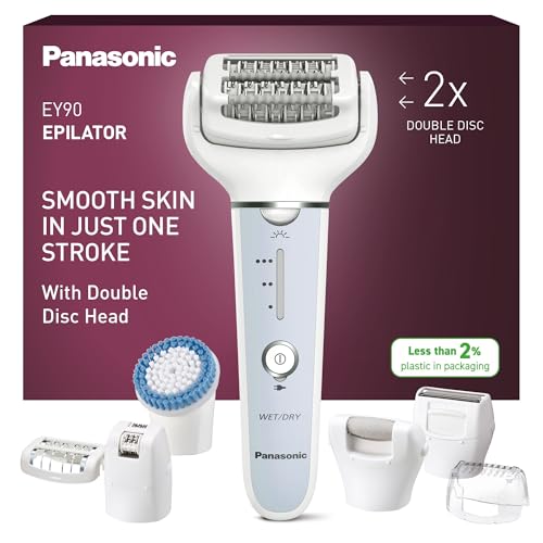 Panasonic ES-EY90 Nass/Trockenepilierer Damen, Dual Disc mit 60 Pinzetten, 90° schwenkbarer Kopf, 3 Geschwindigkeiten & LED-Licht, 30 Min. Betrieb, kabellos, Haarentferner, Scher- und Fußpflegekopf