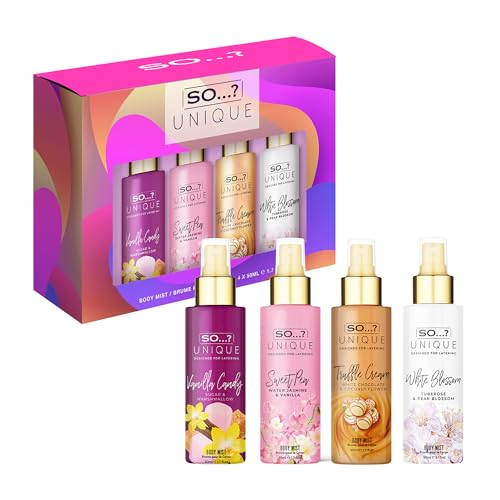 So…? Unique Mini Mist Damen-Geschenkset mit Vanille-Süßigkeiten, Zuckerwicke, Trüffelcreme und Kaschmir, Body Mist Duftspray-Set (4 x 50 ml)
