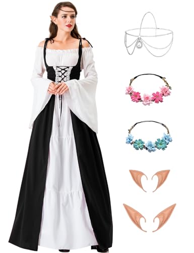 Damen Mittelalter Renaissance Kostüme Kleid Gothic Kleidung Steampunk Elfen Piraten Cosplay Karneval Kostüm Vintage Kleider mit mit Elfenohren Haarschmuck Socken für Fasching Halloween VL026XXL