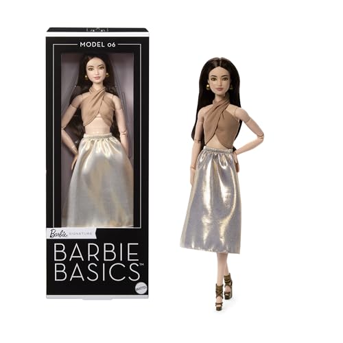 Barbie Basics Model Collector Fashion Doll 06 mit brünetten Haaren, schimmerndem goldenen Rock und Neckholder, universell passender Mode, beweglichem Körper, JJX25