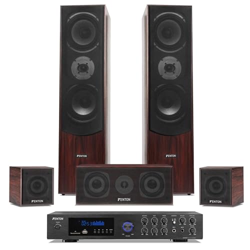 Fenton HF5B - Heimkino Musikanlage für Audiosystem 1150 Watt - 5.0 Surround Sound System mit Verstärker, 6-teiliges Home Entertainment System, Soundsystem für Fernseher - Nuss Braun
