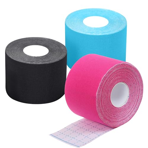 Kinesiologie Tape Sport (3 Rollen 5m), Elastisches Sporttape aus Baumwolle, Selbstklebend Tape für Muskeln und Gelenke, 5cm Breite (Blau & Schwarz & Rosa)