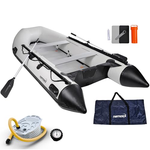 NEMAXX® Profi Schlauchboot 380 cm für 7 Personen – Paddel-, Angel- & Ruderboot – Kategorie C, 905 kg, Aluboden, motorisierbar bis 22 kW/30 PS – inkl. 2 Paddel, Pumpe, Manometer, Tasche & Reparaturset