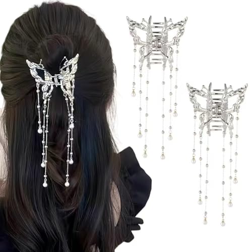 Ypkia 2 Stück Schmetterling Haarklammer Mittel mit Perlen Quaste Metall Haarspangen Damen Für Frauen Mädchen Elegant Haar-accessoire