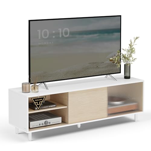 VASAGLE TV-Schrank Lowboard, superschnelle werkzeuglose Montage, Toolless-Technologie, Fernsehtisch für Fernseher bis 32/45/50/55/60 Zoll, Modernes Design, 140 x 39 x 45 cm, Weiß LTV466W01