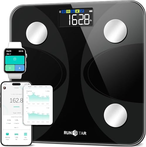 RunSTAR Körperfettwaage, Waage Personen mit Großem Display 180 kg/400 lbs, Personenwaage Digitale Analysator für 13 Essentielle Körperwerte, mit App-Synchronisierung