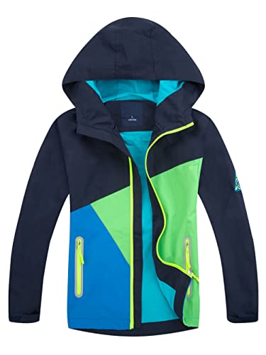 YOUNGSOUL Kinder Regenjacke mit Farbblock Mädchen Jungen Softshelljacke Übergangsjacke Win und Wasserdicht Windjacke mit Kapuze Dunkelblau DE: 152-158 (Herstellergröße 160)