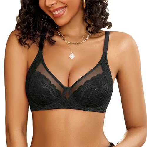 Avidlove Damen Sexy Spitze BH Transparent Bügel Bra Komfort Klassische BHS Ungepolsterte Bralette Tägliche BH-Unterwäsche Schwarz S