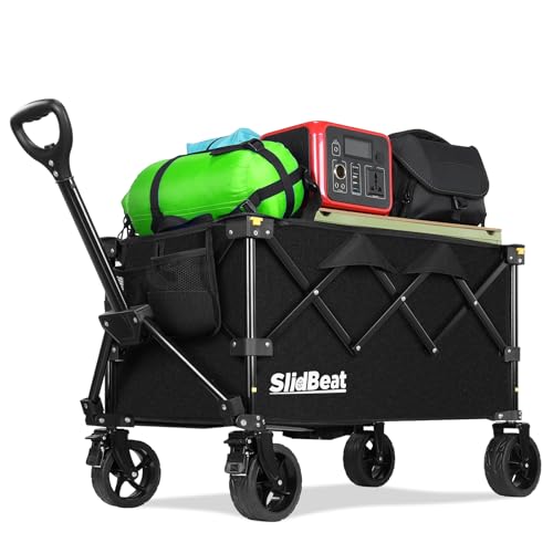 SLIDBEAT XL Bollerwagen Faltbar, 120L Faltbarer Bollerwagen All Terrain Räder 120KG Klappbollerwagen mit Verstellbarem Griff, Klappbar aus Vier Richtungen Für Strand Garten Camping Shopping