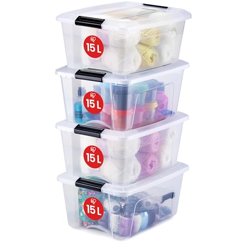 Iris Ohyama, Aufbewahrungsboxen mit Deckel, Kunststoffboxen, Plastikbox, Box mit Deckel, 15L, 4er-Set, Transparent, Verschlussclips, Stapelbar, Organisation, BPA-frei, Plastikboxen, Kisten, NTB-15