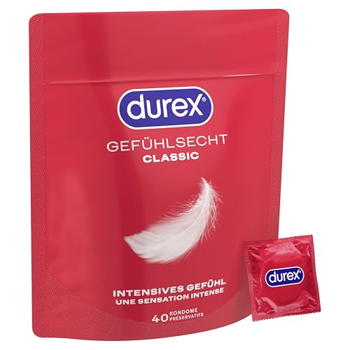 Durex Gefühlsecht Classic Kondome – Dünn für ein intensives Gefühl und innige Zweisamkeit, reguläre Passform (40 Stück)