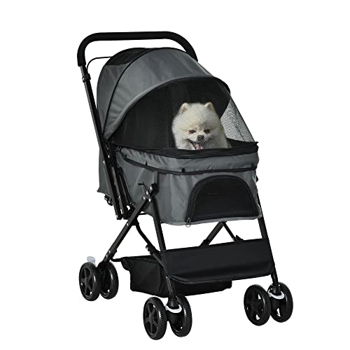 PawHut Hundebuggy für kleine Hunde und Katzen Dunkelgrau 76,5 x 52 x 95 cm