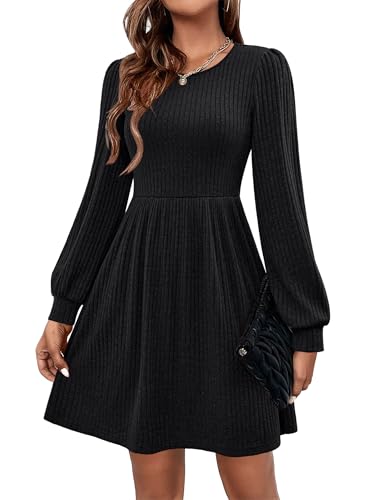 Hotouch Kleid Damen Langarm Herbstkleid Knielang Strickkleid Herbst Kleider | A-Linie Winterkleid Rundhals Herbst Kleid Puff Tunikakleid mit Taschen