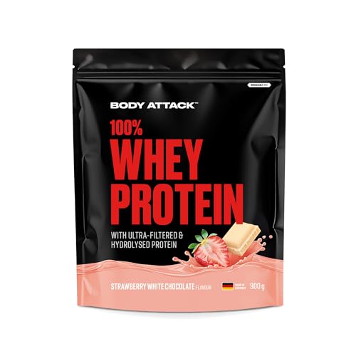 Body Attack 100% Whey Protein Strawberry White Choc., 900 g - Made in Germany - Extra cremiges Eiweißpulver mit Hydrolysat & BCAA´s, unterstützt Muskelaufbau und Diäten - Für Sportler & Athleten