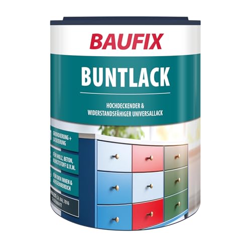 BAUFIX Buntlack anthrazit, seidenmatt, 1 Liter, Lackfarbe, wasserverdünnbar, für innen & außen, geeignet für Holz/Zink/Beton/Eisen/Mauerwerk