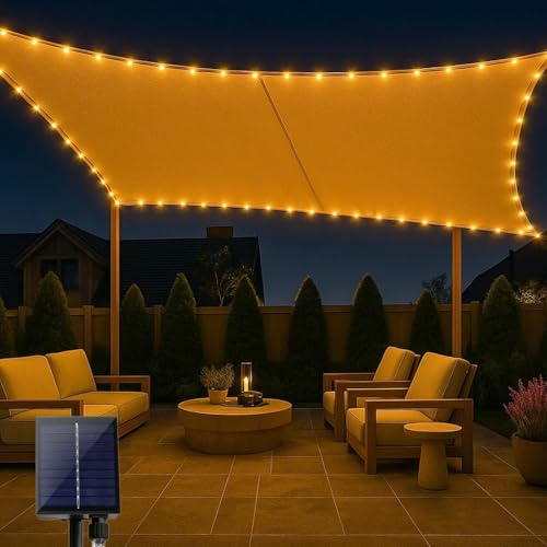 ABIUBIU wasserdichte-Sonnensegel 3x4m mit eingebauter LED-Solar-Lichterkette, 98% UV-Schutz, reiBfest, wetterfest, für Terrasse-Garten-Terrasse-Rasen(Beige)