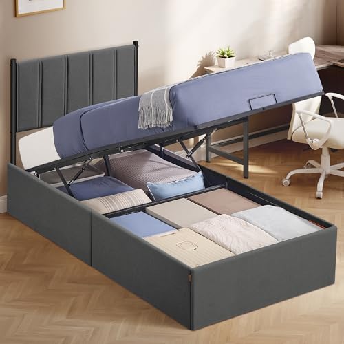 VASAGLE Bettgestell, Bettrahmen, Bett, 90 x 200 cm, klappbar Lattenrost, Unterbettaufbewahrung, Kopfteil, Hydrauliksystem, modern, einfache Montage, dunkelgrau RMB612G02
