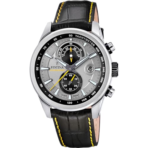 Festina Herren Uhr Analog mit Schwarzem Lederarmband - Quarzwerk - Chronograph - Kalender - Mineralglas mit hoher Widerstandsfähigkeit - Wasserdicht bis 10 ATM - Elegant F20695/4 Timeless Chronograph