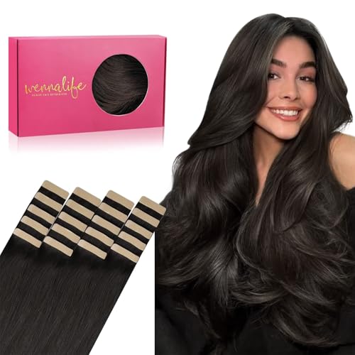 WENNALIFE Tape Extensions Echthaar, 20pcs 50g 50cm 20 Zoll Dunkel Braun Remy Invisible Tape Extensions Seidig Gerade Echthaar Extensions Skin Weft Tape Ins