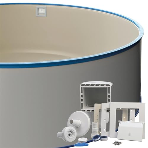 POWERHAUS24 Runder Stahlwandpool-Set Ø 3,50 x 1,20 m, inkl. Bodenschienen & Handlauf in Blau, Einbauskimmer-Set, Innenhülle 0,8 mm Sandfarben, Premium Qualität, Made in Europe