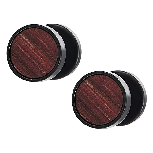 Herren Damen Schwarz Kreis Ohrringe Edelstahl Ohrstecker mit Holz Fake Plugs Cheater Tunnel Gauges Piercing Edelstahl 01(-)