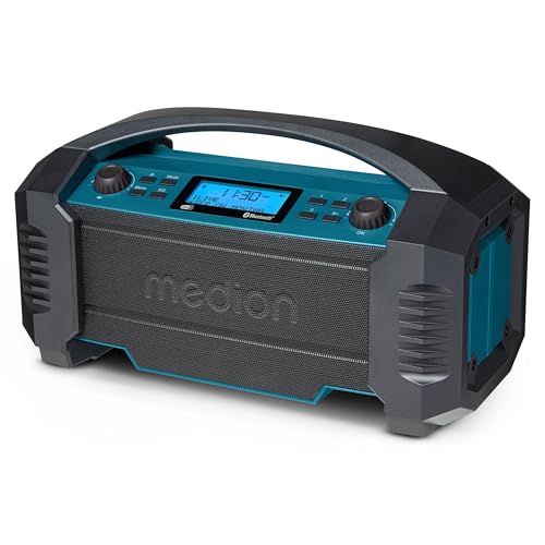 MEDION E66050 DAB+ Baustellenradio (Integrierter Akku, IP54 Schutz gegen Spritzwasser & Staub, USB-Ladefunktion, Bluetooth 5.0, PLL UKW Radio, Akku- oder Netzbetrieb) blau