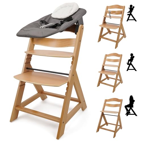 509 Crew Sun Wooden High Chair Grow Up Set from New Born Up to 90kg, Baby High Chair Include New Born Seat, Pillow Cushion, Color Natural Charcoal