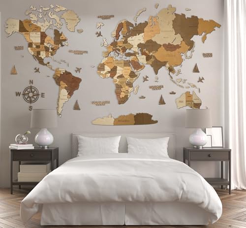 WoodLeo Hölzerne Weltkarte (Deutsch) - 3D Art Large Wall Decor - Karte Größe (M, L, XL) Jeder Anlass Geschenkidee - Wandkunst für Haus, Küche oder Büro (KALIFORNIEN, M (120x62 cm))