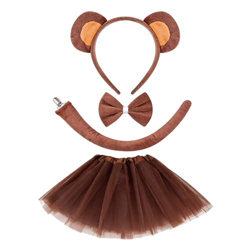 Lunyloer 4 Affen Kostüm Set, Affenohren Tier, Affen Ohren Stirnbänder, Langen Schwanz Fliege Mädchen, für Fasching Karneval Kostüm Kinder Erwachsene Karneval Verkleidung Cosplay