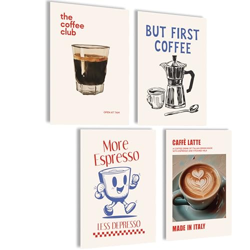 mojoliving Poster Kaffee Bilder Kaffee Bild Wandbilder Küche Bilder für die Küche Deko (Coffee Club, 4x A4 | ohne Rahmen)