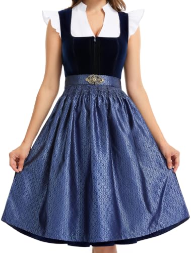 Dirndl Damen Midi Dirndlkleid Lang Samt Trachtenrock Trachtenkleid 3 Teilig | Dirndl Damen Trachten oktoberfest outfit Dirndelkleider komplettset mit 3 Teilig Dirndlkleid Schürze Dirndl Bluse Blau 42