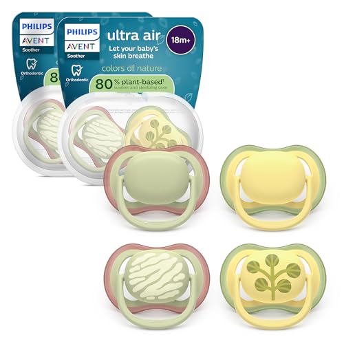 Philips Avent ultra air Schnuller – kiefergerecht geformtes Design, für Babys ab 18 Monaten, weicher, symmetrischer Silikonsauger, BPA-frei, mit 2 Sterilisationsbehältern, 4er-Pack, SCF349/55