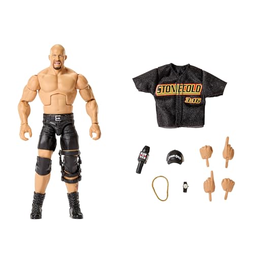 Mattel WWE Elite Actionfigur und Zubehör, Serie #122, ca. 15 cm große Sammelfigur Stone Cold Steve Austin mit 25 Bewegungspunkten und austauschbaren Händen, JHT52