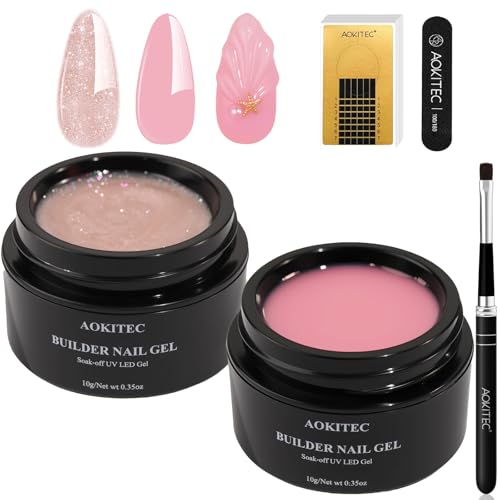 Aokitec Builder Nagelgel Set - Pink Glitzer Aufbaugel für Gelnägel mit 100 Nagelformen & Pinsel für Verlängerung, Reparatur, French Maniküre und Nagelstärkung, Geschenk für Frauen und Salons