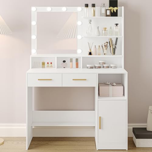 Hzuaneri Schminktisch mit Spiegel und 10 LED-Beleuchtung, Schminktische mit Einstellbare Helligkeit,Schminktisch mit 2 Schublade & 1 Schrank, 3 Ablagen & 4 offenen Fächern, Weiß DT32503X