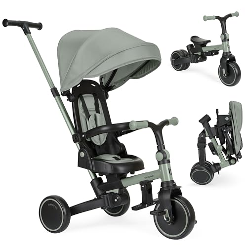 KikkaBoo Dreirad ab 1 Jahr mit Schubstange 8-in-1 ALUMA, Faltbares Kinderfahrzeug mit Drehbarem Sitz, 5-Punkt-Gurt, Aluminiumrahmen, Grün