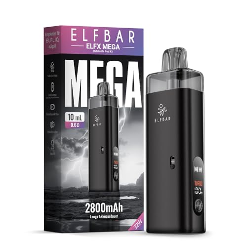 ELFX Mega Pod Kit 2800 mAh Akkuträger, 10ml Nachfüll Pod Dual Mesh Coil, Pod-System für MTL & RDL, Farbdisplay, 2 Modi Eco & Turbo, Zugautomatik, Airflow Control, USB-C, Ohne Nikotin & Liquid, Schwarz