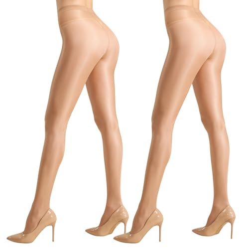 MANZI Glitzer Strumpfhosen Damen Glänzende Strumpfhose für Damen 40 Den Transparente Nylon Hoher Taille Feinstrumpfhose 2 Paar Natur S-M