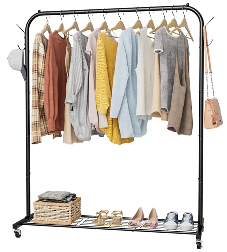 HOMIDEC Kleiderständer auf Rollen, Kleiderstange mit Haken und Metallablage, Garderobenständer, 100 x 41 x 160cm, für Schlafzimmer, Waschküche, bis 40 kg belastbar, Schwarz