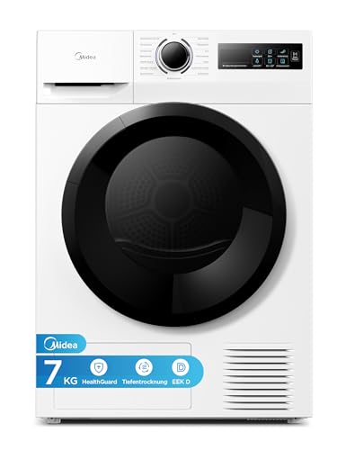 Midea MD11EH70BD Wärmepumpentrockner, 7 kg, Energieklasse D, Schnelltrocknen 35', HealthGuard, Sensor-Trocknung, Auffrischen,Knitterschutz, Auffrischen Wolle, Weiß