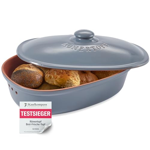 Römertopf Brottopf MAXI aus Naturton – Ovaler Brotbehälter zur Aufbewahrung von Brot & Brötchen – mit Belüftung für lange Frische – spülmaschinengeeignet – 40 x 28 x 20 cm – blau-grau