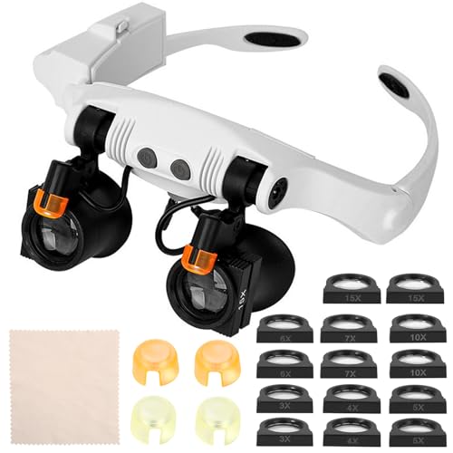 Lupenbrille mit Licht, Stirnbandlupe, Hands Free Head Lupen mit 2 LED-Lichtern Wechselobjektiv 3X 4X 5X 6X 7X 10X 15X für Hobby, Lesen, Elektriker, Juweliere, Nähen, Reparatur