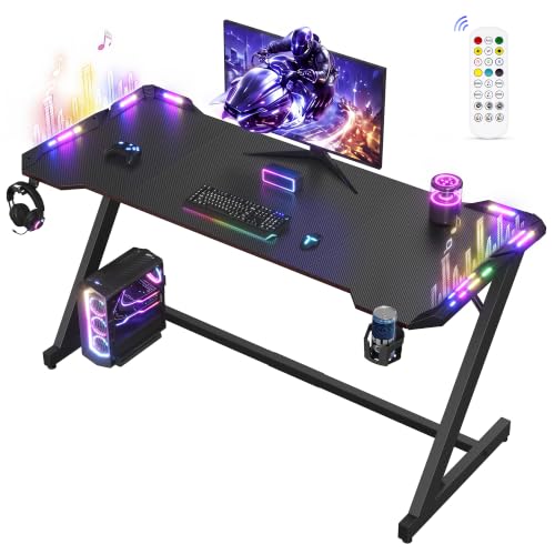 VASAGLE Gaming Tisch, Kohlefaser, RGB Beleuchtung, 100 x 60 x 76 cm