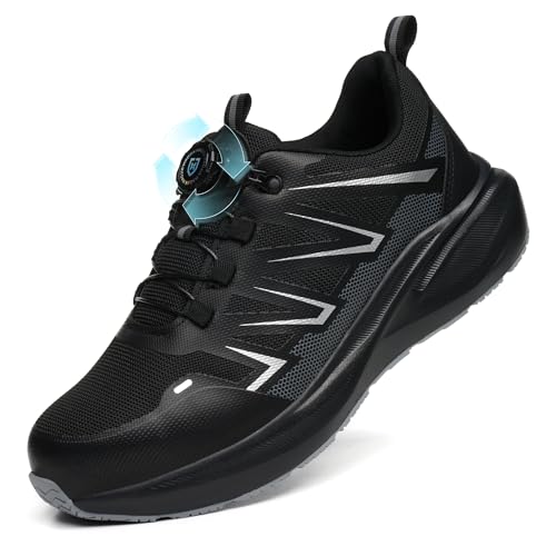 AOACOEBN Sicherheitsschuhe Herren Arbeitsschuhe Damen Leicht Sportlich Stahlkappenschuhe rutschfest Atmungsaktiv Schutzschuhe Arbeitsturnschuhe Mit Drehverschluss, Schwarz, 40 EU