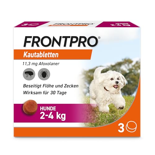 FRONTPRO Hund S - Kautablette gegen Zecken & Flöhe (kleine Hunde 2 bis 4 kg) - 3X Kautabletten für 3 Monate Zecken- und Flohschutz