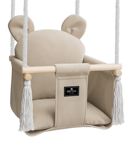 NATILU® Babyschaukel Indoor Outdoor | Bär Light Beige Velvet | Babyschaukel | Baby schaukel Indoor | Kinderschaukel aus Holz | Holzschaukel für Kinder | Schaukeln für türrahmen